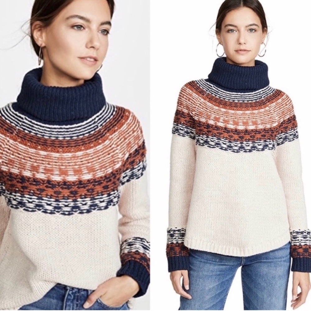 Madewell Brookdale Fair Isle Turtleneck Sweater size medium Avalon Pink blue